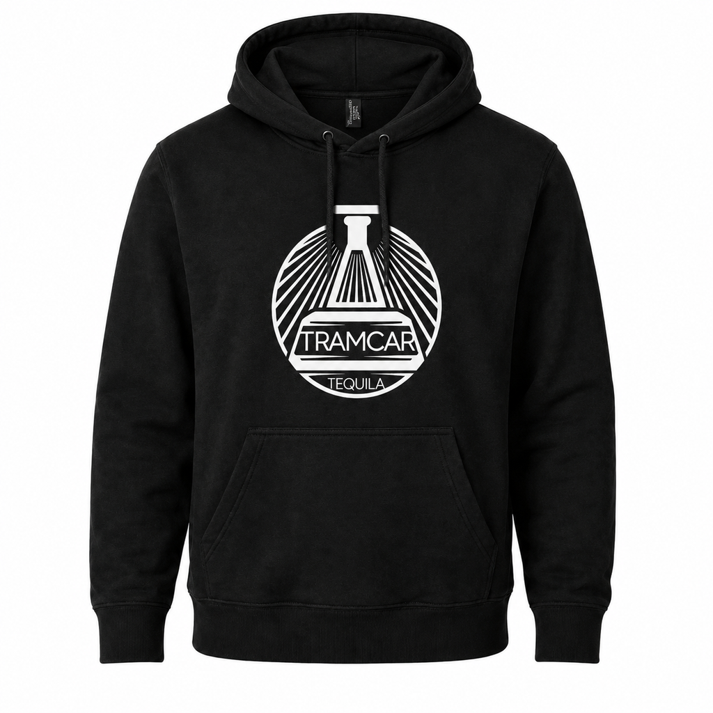 Black Tramcar hoodie with logo, front view