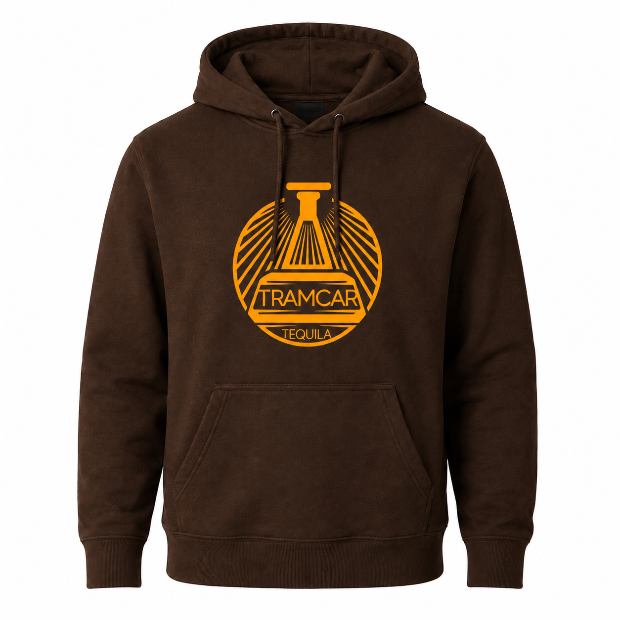 Brown Tramcar hoodie with logo, front view